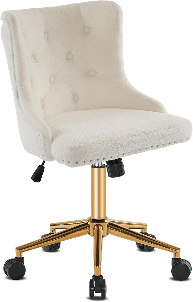 VINGLI White Teddy Fleece Armless Office Desk Chair with Gold Base/Wheels, Cute Vanity/Makeup Chair with Back for Bedroom, Upholstered Adjustable Rolling Swivel Nail Chair for Women/Girls