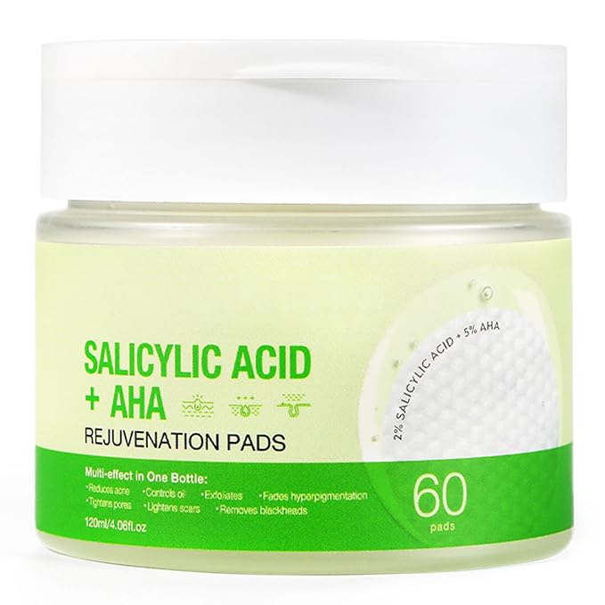 2% BHA+5% AHA Exfoliant Pads, Reduce Acne, Blackheads and Blemishes, Deep Cleanse, Control Oil, Minimizes Pores, AHA BHA Toner Pad Gentle Exfoliation, Improve Rough Skin, 60 Pads