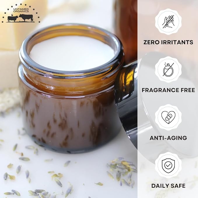 Untamed Organics Pure Tallow 100% Grass-Fed Grass-Finished Beef Tallow Balm For Skin Care - Full Body & Face Moisturizer For Sensitive Skin, Eczema - All-Purpose Pure Tallow Cream (Unscented) 2 oz