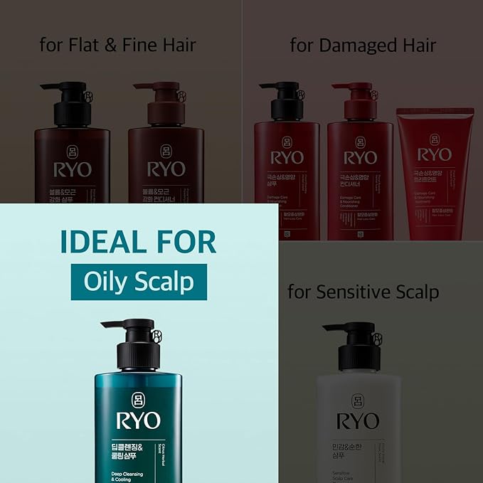 RYO Deep Cleansing Shampoo with Korean Ginseng & Caffeine - Cooling and Refreshing for Oily Scalp, Hair Loss Care, Anti-Dandruff, Sebum Control, 16 Fl Oz.