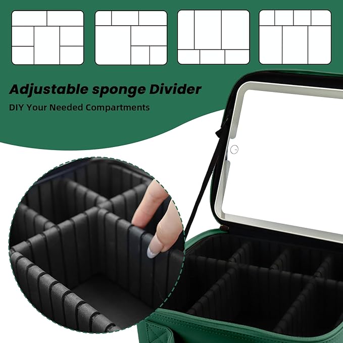 Makeup Bag with Led Mirror,Portability Cosmetic Case Portable Cosmetic Brush Organizer Bag with Adjustable Dividers,Gift for Women,Girls Gift (Dark Green)