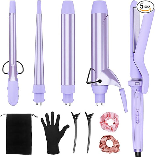 Birthday Gifts for Women, Ufree 5 in 1 Curling Iron with Interchangeable Ceramic Barrels (0.35"-1.25"), Curling Wand Set with Flat Iron Hair Straightener, Instant Heat Up, Dual Voltage Hair Curler