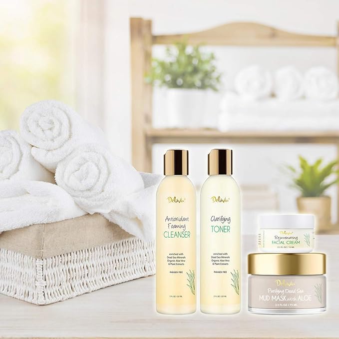 Deluvia Skin Care Set, Travel Size, Gentle Foaming Cleanser Face Wash, Clarifying Facial Toner, Face Moisturizer, Dead Sea Mud Mask, Skin Care Products Deluxe Facial Kit