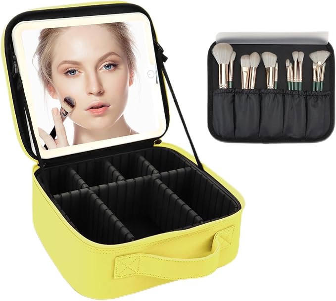Makeup Bag with Led Mirror,Large Vanity Makeup Cases with 3 Color Setting,Portable Storage and Adjustable Dividers,for Women and Makeup Artists Cosmetic Organizer Travel Makeup Bag-Yellow