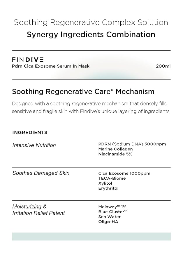 FINDIVE OFFICIAL PDRN CICA Exosome Serum in Mask, PDRN (Sodium DNA) 5,000ppm, Cica Exosome 1,000ppm, Marin Collagen, Soothes, Regenerates Skin, Korean Skincare 6.76fl.oz