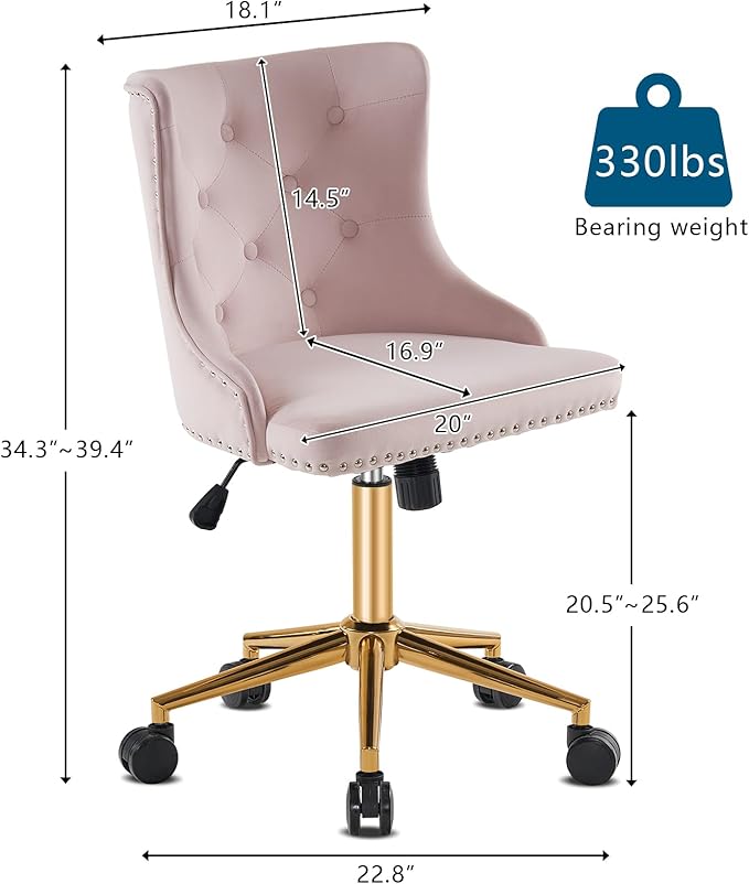 VINGLI Light Pink Velvet Armless Home Office Desk Chair with Gold Base/Wheels,Cute Vanity/Makeup Chair with Back for Bedroom, Upholstered Adjustable Rolling Swivel Nail Chair for Women/Girls
