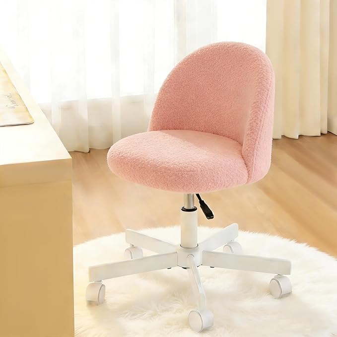 WAYTRIM Pink Vanity Chair with Wheels - Swivel Makeup Chair Small Computer Chair with Back Adjustable Height Desk Chair for Girl & Woman, Cozy Fuzzy Velvet Chair for Bedroom & Home Office