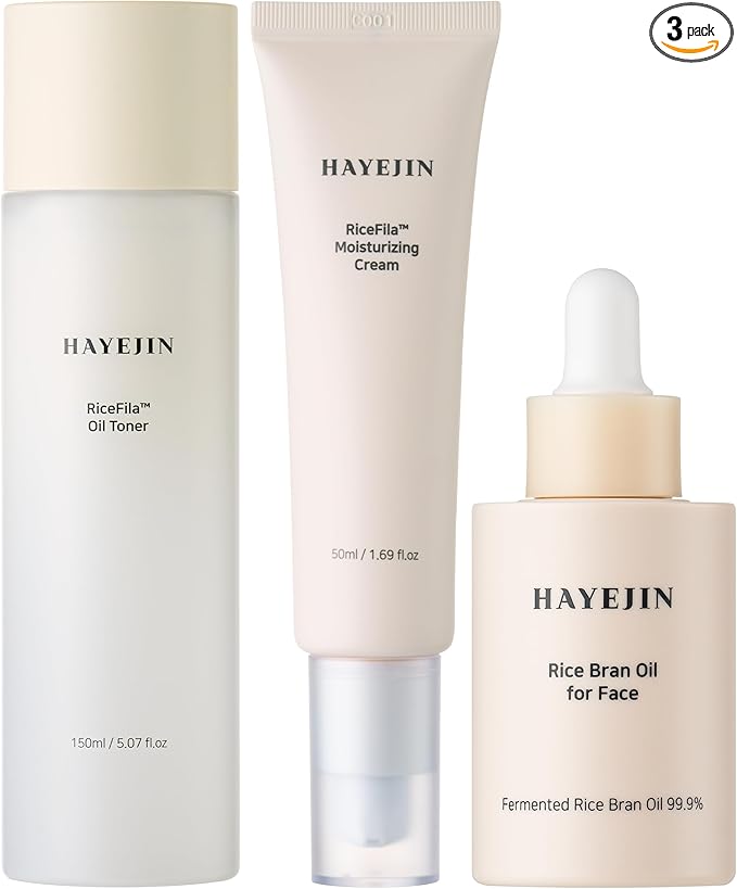 HAYEJIN RiceFila™ Oil Toner for face (5.07 fl oz) + Moisturizing Cream (1.69 fl oz) + Rice Bran Oil Serum for Face (1.01 fl oz) - HAYEJIN RiceFila Complete Skincare Bundle – Toner, Serum, and