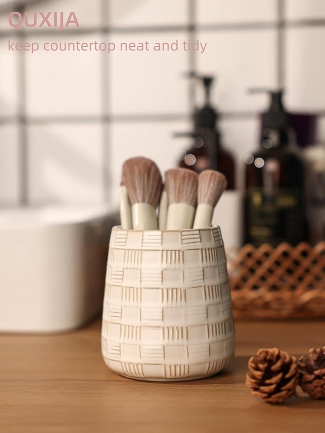 Ceramic Makeup Brush Holders, Bathroom Vanity and Countertop,Make up Brushes Cup for Cosmetics, Lipsticks, Bathroom Vanity Desktop Storage (Vintage White)
