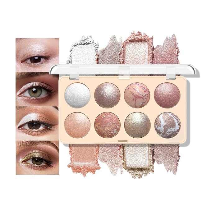 Baked Shimmer Makeup Palette, 8-Color Neutral Champagne Rose Gold Eyeshadow & Highlight Palette – High Pigment Soft Glow, No Fallout, Long-Lasting Eye Makeup for Everyday & Glam Looks 1#