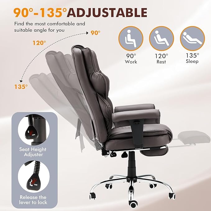 HOMREST 6-Point Massage Executive Chair, Ergonomic Heated Office Chair with Adjustable Backrest & Armrests, Home Office Desk Chair, Leather Computer Chair with Retractable Footrest(Brown)