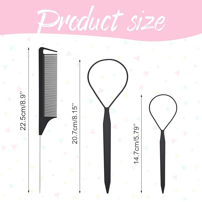Quacc 3 PCS Hair Styling Tool Set Topsy Tail Hair Tools with Tail Comb (Black)