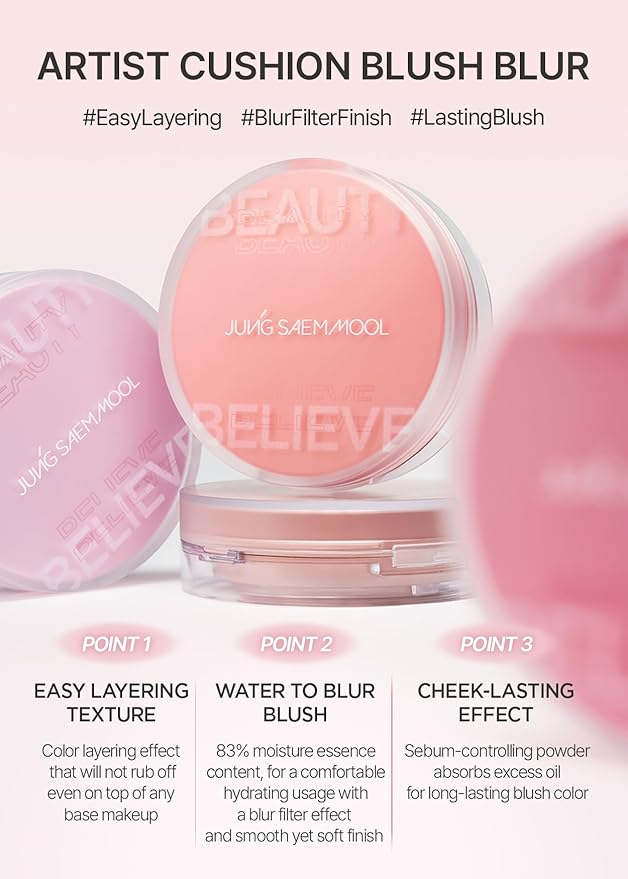 JUNG SAEM MOOL Artist Cushion Blush | Easy to Blend with Puff, Buildable Liquid Blush for Cheeks with a Natural & Matte Finish, Korean Makeup (Blur | Fuzzy)