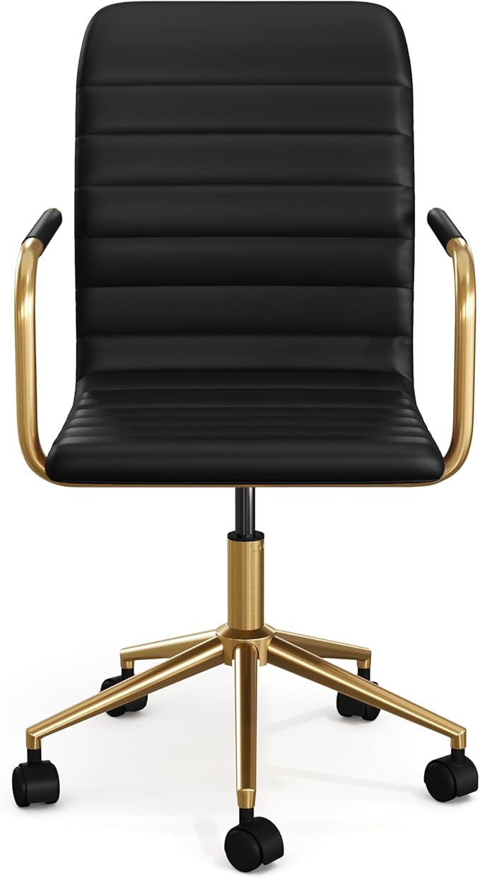 Martha Stewart Taytum Swivel Task Chair with Armrests for Home Office in Black Faux Leather with Polished Brass Frame