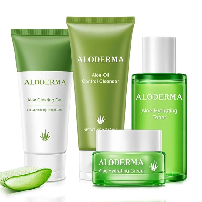 Aloderma Aloe Oil Controlling Set, 4 pcs - Aloe Clearing Gel, Oil Controlling Cleanser, Hydrating Cream, Hydrating Toner