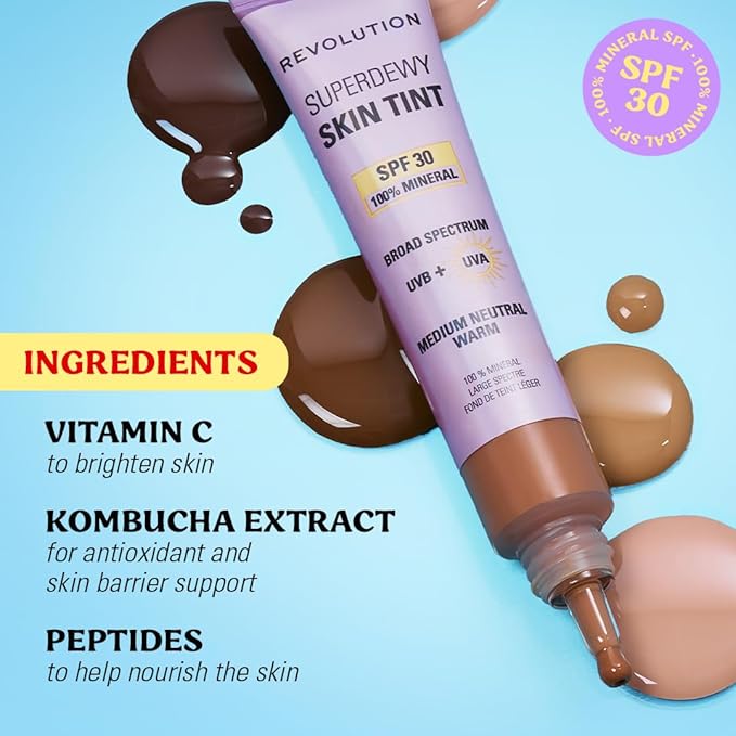 Revolution Superdewy SPF 30 Skin Tint, Tinted Mineral Face Foundation, Buildable Coverage for Facial Glow, 12% Zinc Oxide, Vegan & Cruelty-Free, Tan Cool