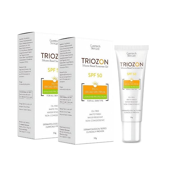 Triozon Sunscreen Silicone Based Gel with SPF 50 PA+++ Oil Free Matte Finish Water Resistant Super Lightweight Gel Non-Sticky Sun Protection Hydrating Cream No White Cast 50 gm (Pack of 2)