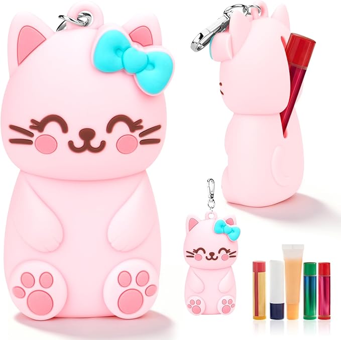 BrainKer Chapstick Holder Key Chain Cute Cartoon Design Lip Balm Holder Keychain Storage Bag Silicone Lip Gloss Holder Case