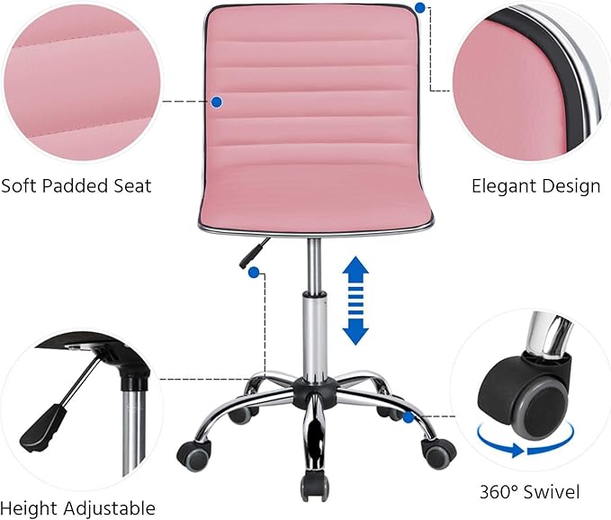 Yaheetech Pink Low Back PU Leather Ribbed Armless Office Chair, Ergonomic Swivel Task Chair with Wheels for Women