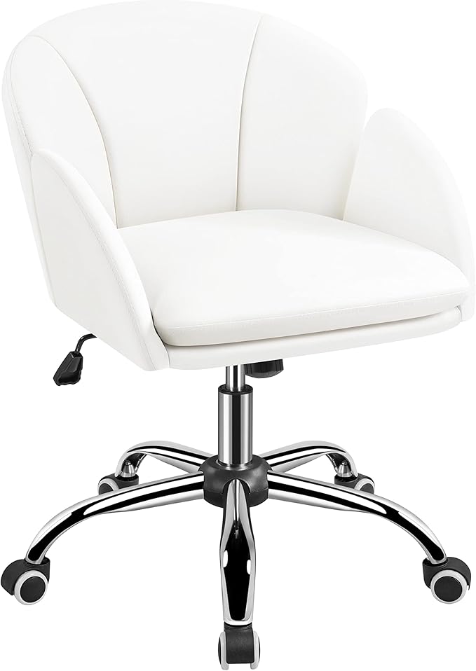 Yaheetech White Desk Chair Vanity Chair with Back Modern Faux Leather Swivel Rolling Office Computer Armchair for Living Room, Bedroom