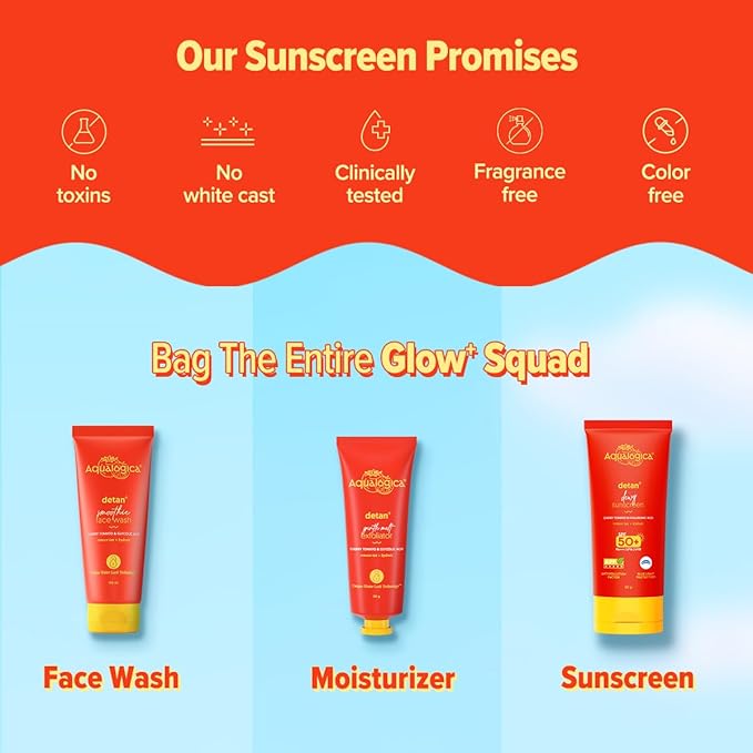 Aqualogica Detan+ Dewy Face Sunscreen with SPF 50+ & PA++++ | Blue Light Protection & No White Cast | Fights Sun Damage with Cherry Tomato & Hyaluronic Acid | 2.82 Oz/80g