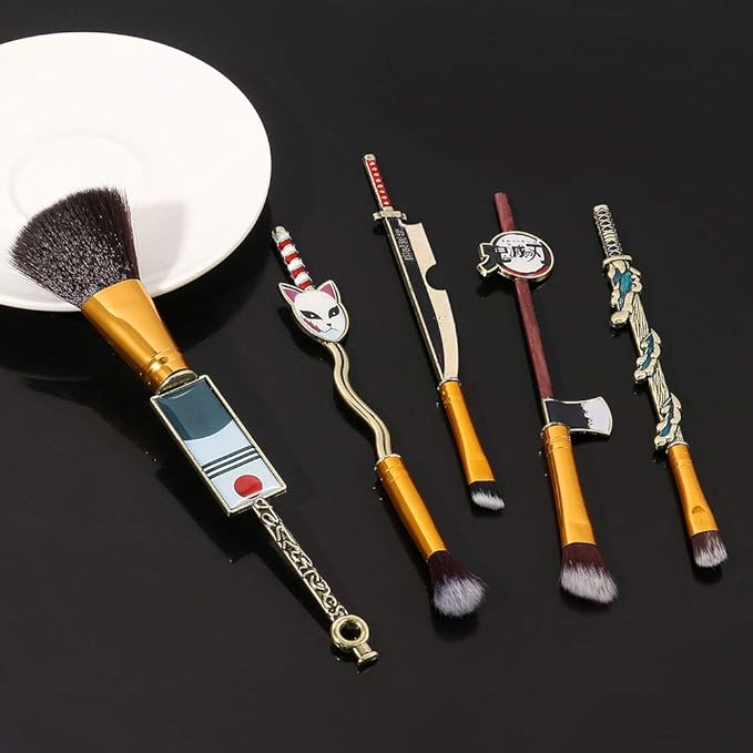 Anime Peripheral Demon Makeup Brushes - 5pcs Kimetsu Noyaiba Make Up Brushes Nezuko Tanjirou Metal Handle Makeup Tools Gift for Fans (Gold)