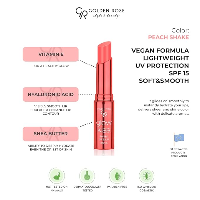 Golden Rose Cosmetics Glow Kiss Tinted Lip Balm with SPF15, Vegan Formula (Peach Shake)