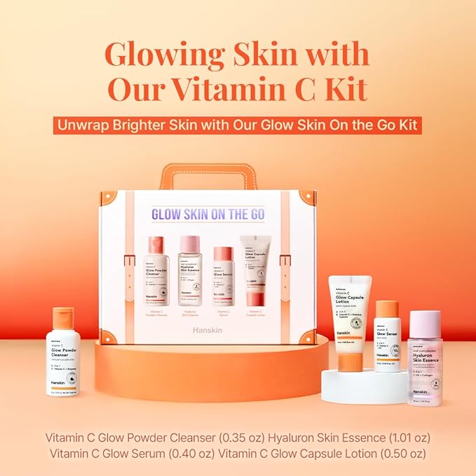 Hanskin Glow Skin On the Go Kit–Brightening & Hydrating Mini Skincare Set with Cleanser, Essence, Serum & Lotion | TSA-Friendly Travel Kit, Holiday Gift, Stocking Stuffer, Teen Girl & Women’s Skincare