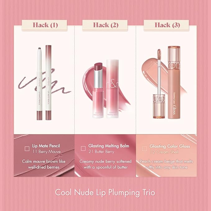 rom&nd Volume Hack Trio Berry Nude Set | 3-Step Plumping Lip Kit for Defined, High-Shine Lips | TikTok Viral Cool-Tone Gradient