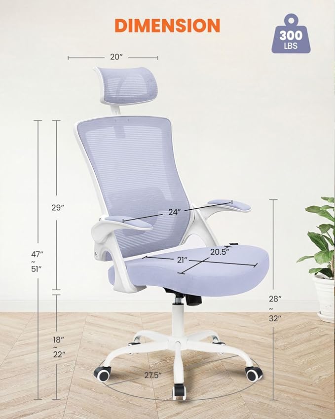 NEO Chair Office Chair High Back Desk Mesh Chair Comfy Computer Gaming Seat with Adjustable Ergonomic Headrest Lumbar Rolling Flip-up Armrests and Wheels (Purple)