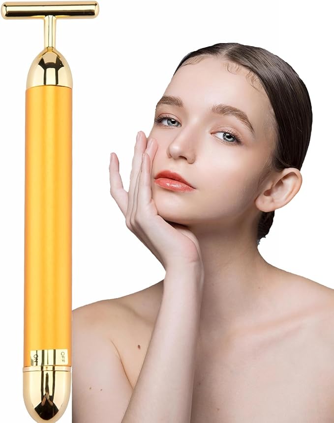 Beauty Bar 24K Gold Facial Massager - Face T Shape Tool for Skin Care Tightening with Ergonomic Design (Gold)
