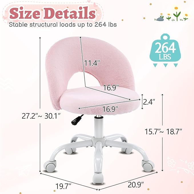 VINGLI Small Vanity Chair with Faux Fur Wheels for Girls,Cute Adjustable Height Armless Office Desk Chair,360°Swivel Comfy Rolling for Study,Make up Room,Small Space,Light Pink