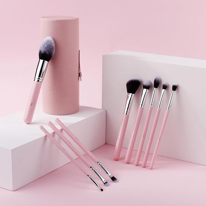 Makeup Brush Set (9 Pieces) - Includes Foundation, Powder, Concealers, Highlighter, Contour, Eye Shadows & Blush Brushes - Face & Eye Make Up Brushes with Synthetic Bristles - Leather Case Included