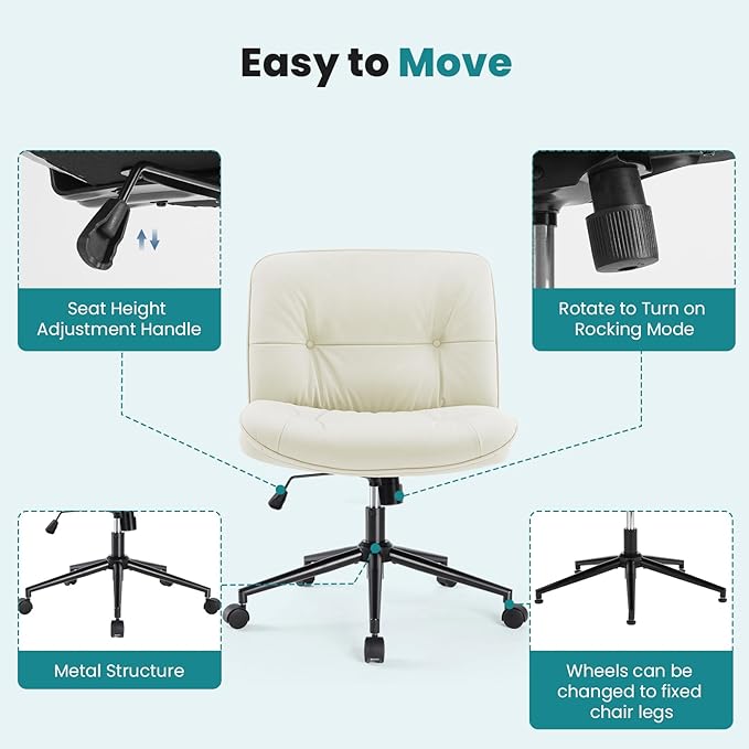 OLIXIS Criss Cross Chair with Wheels, Armless Wide Cross Legged Vanity Office Desk Chair with Comfy PU Leather& Back - Swivel for Home Office Bedroom, Beige