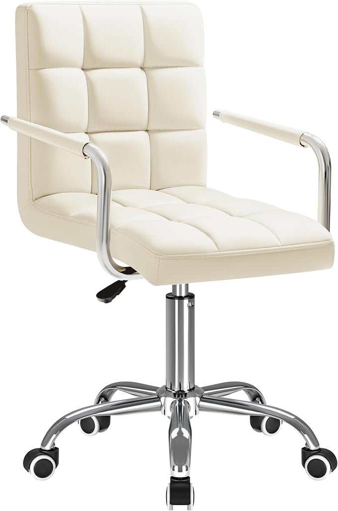 Furmax Mid-Back Office Task Chair Ribbed PU Leather Executive Chair Modern Adjustable Home Desk Retro Comfortable Work Chair 360 Degree Swivel with Arms (Beige)
