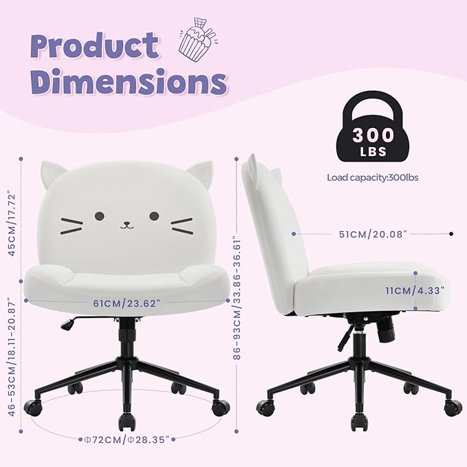 IWMH Armless Office Desk Chair with Wheels,Ergonomic Criss Cross Legged Computer Chair with Fabric Padded, Height Adjustable Wide Seat Vanity Chair,Mid Back Task Chair for Home (White cat)