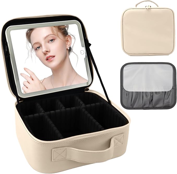 Travel Makeup Bag with LED Mirror and Light Makeup Travel Bag Organizer Portable Cosmetic Brush Organizer Bag with Adjustable Dividers for Cosmetics Makeup Brushes Toiletry (White)