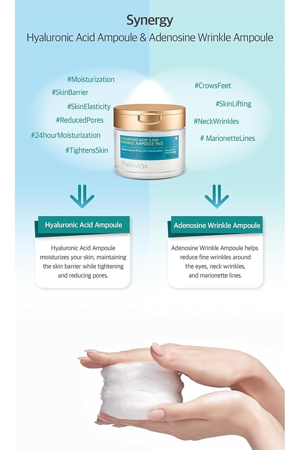 Hyaluronic Acid 3000 Wrinkle Ampoule Toner Pads with 8 types of Hyaluronic Acids and Adenosine for Clearer Skin, Pore Tightening, Moisturizing, Anti-Wrinkle - Pad Tweezer Included - 60ct