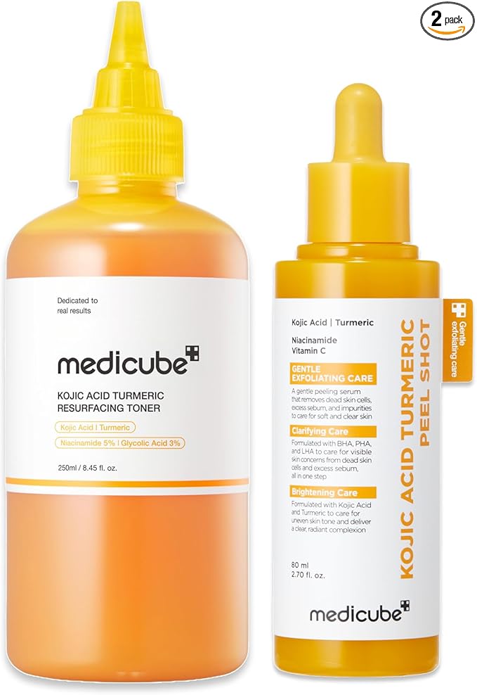 medicube Kojic Acid Turmeric Peel & Tone Facial Duo: Turmeric Peel Shot and Kojic Acid Smoothing Toner | Gentle Facial Exfoliation & Tone-Refining Care for Uneven Skin Tone & Texture