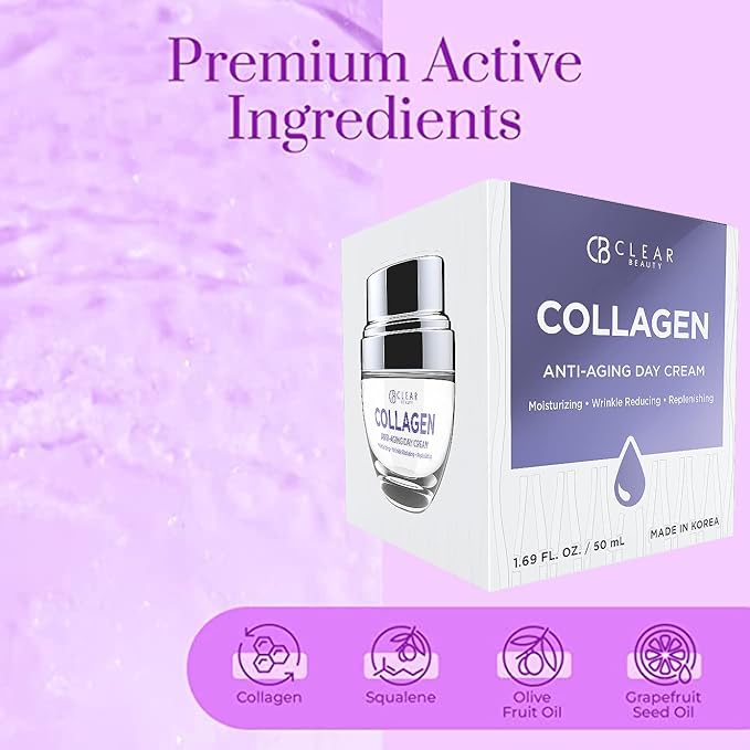 Clear Beauty Collagen Face Moisturizer - Hydrating, Firming Anti Aging Day Cream For Dry Skin - Strengthens Skin Barrier And Smooths Fine Lines - Dermatologist Tested, Korean Skin Care Vegan - 1.69 Oz