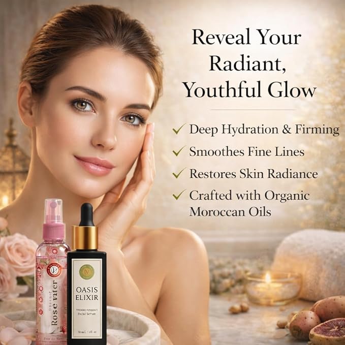 Organic Moroccan Anti-Aging, Hydration Duo Face Serum 1 fl oz + Organic Rose Water 3.4 fl oz Argan, Prickly Pear, Jojoba, Vitamin E, Wrinkle Care, Firming Glow for Dry Skin