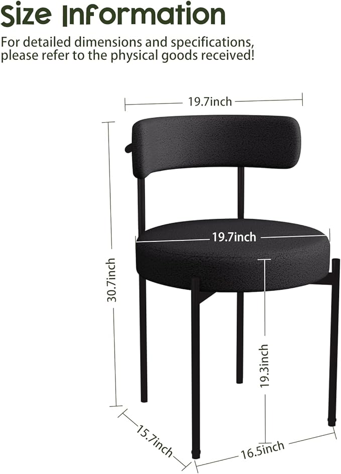 Boucle Dining Chairs Set of 2 Teddy Upholstered Dining Room Chairs Kitchen Chairs with Metal Legs Mid Century Modern Chair for Dining Room, Kitchen (Black Frame+Black, 2)