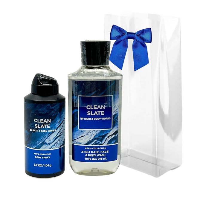 Bath & Body Works CLEAN SLATE 2pc bundle gift set for Men with a Blue Bow for Holidays & Gifts - Body Wash & Body Spray