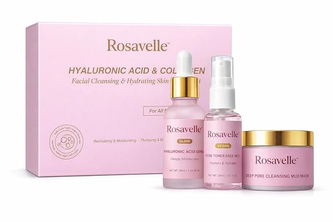 Hyaluronic Acid Collagen Skincare Kit for Women | Face Serum Rose Toner Mist Mud Mask Combo | Hydrating Brightening Deep Pore Cleansing Glow Skin Care Set for Clear Smooth Radiant Skin