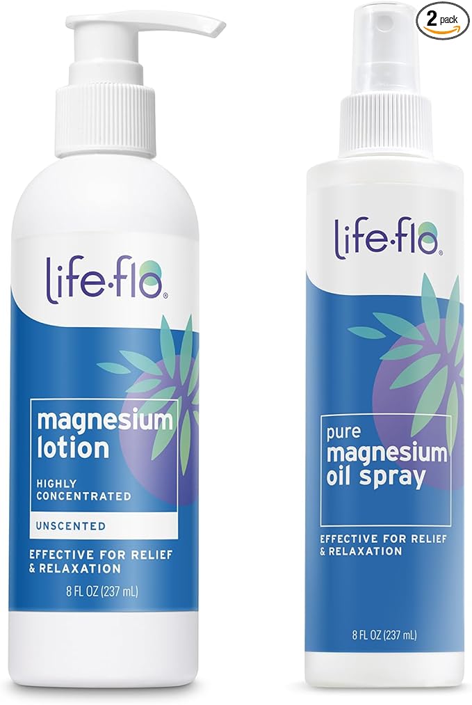 LIFE-FLO Magnesium Lotion and Pure Magnesium Oil Spray Bundle - with Magnesium Chloride from The Zechstein Seabed - 100% Magnesium Oil for Feet and Body and Unscented Lotion, 8 Oz Pack of 2, Unscented