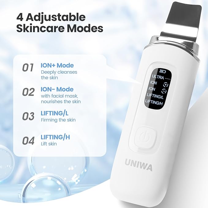 UNIWA Skin Scrubber Face Spatula, Ultrasonic Skin Scrubber Skin Spatula Pore Cleaner Blackhead Remover Tool for Facial Deep Cleansing-4 Modes, with LCD Display, IPX6 Waterproof - White