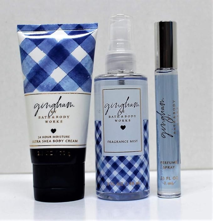 Bath and Body Works - Gingham - Body Cream, Fine Fragrance Mist & Mini Perfume Spray - Travel Size 3 pc set.