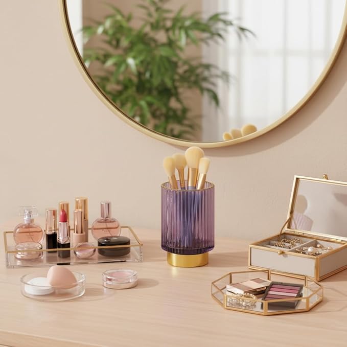 Purple Makeup Brush Holder, Glass Toothbrush Holders for Bathrooms, Gold Pen Holder for Desk, Vintage Make Up Brush Holder Vanity Organizer for Brushes, Lipstick, Eyebrow Pencil