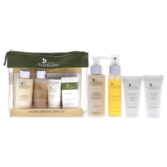Villa Floriani Calming Skincare Travel Kit Women 3.4oz Chamomile Cleansing Lotion, 1.69oz Chamomile Toner, 0.68oz Chamomile Calming Day Lotion SPF 20 6 Pc