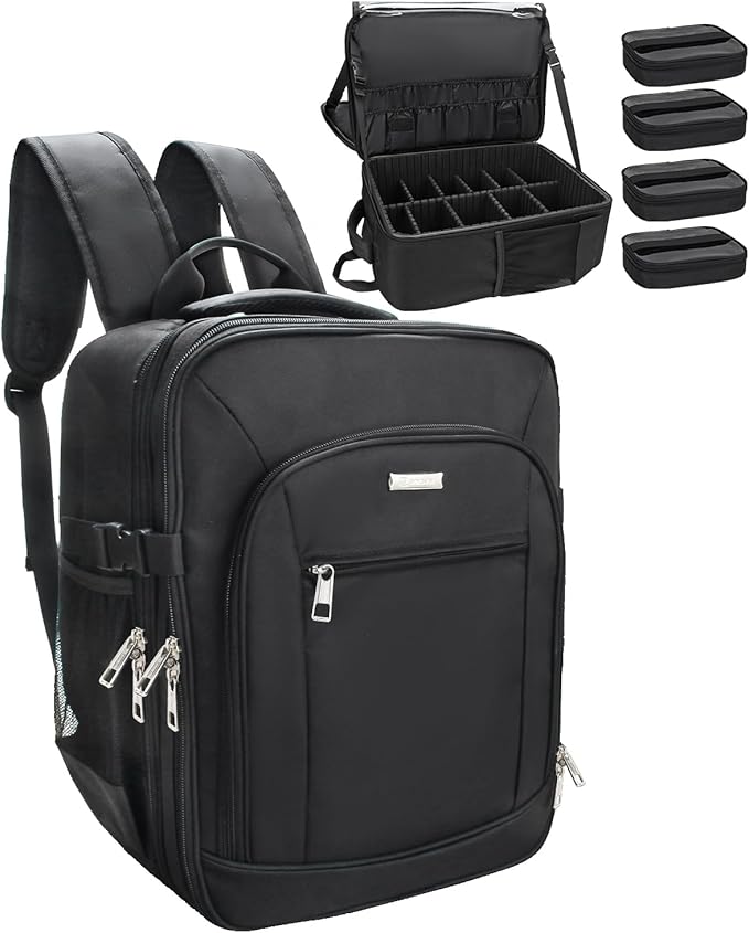 TANTO Makeup Backpack, Makeup Artist Bag Professional Cosmetic Bag with 4 Bag Extra Large Travel Train Case Double-Layer Make up Storage Organizer Cosmetic Brush Case with Adjustable Divider (Black
